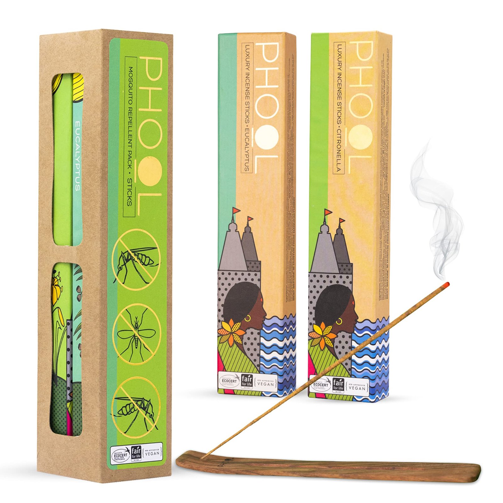 Phool Pack of 2 Mosquito Repellent agarbatti, Citronella and Eucalyptus Natural Incense Sticks, Pack(80 Organic Agarbatti Sticks),Free Wooden Stand |Handrolled |Sulphur & Charcoal Free |100% Organic.