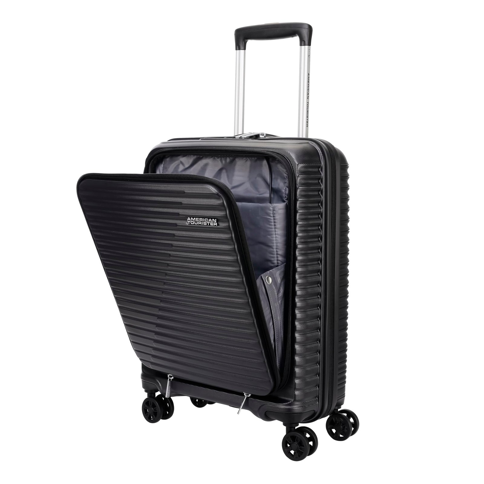 American Tourister Liftoff FTL|Small Size Cabin Trolley Bag (55 cm)|360° 8 Wheel Spinner Travel Luggage with Laptop Compartment|Hard Case Polypropylene Suitcase|Recessed TSA Lock with USB Port|Black