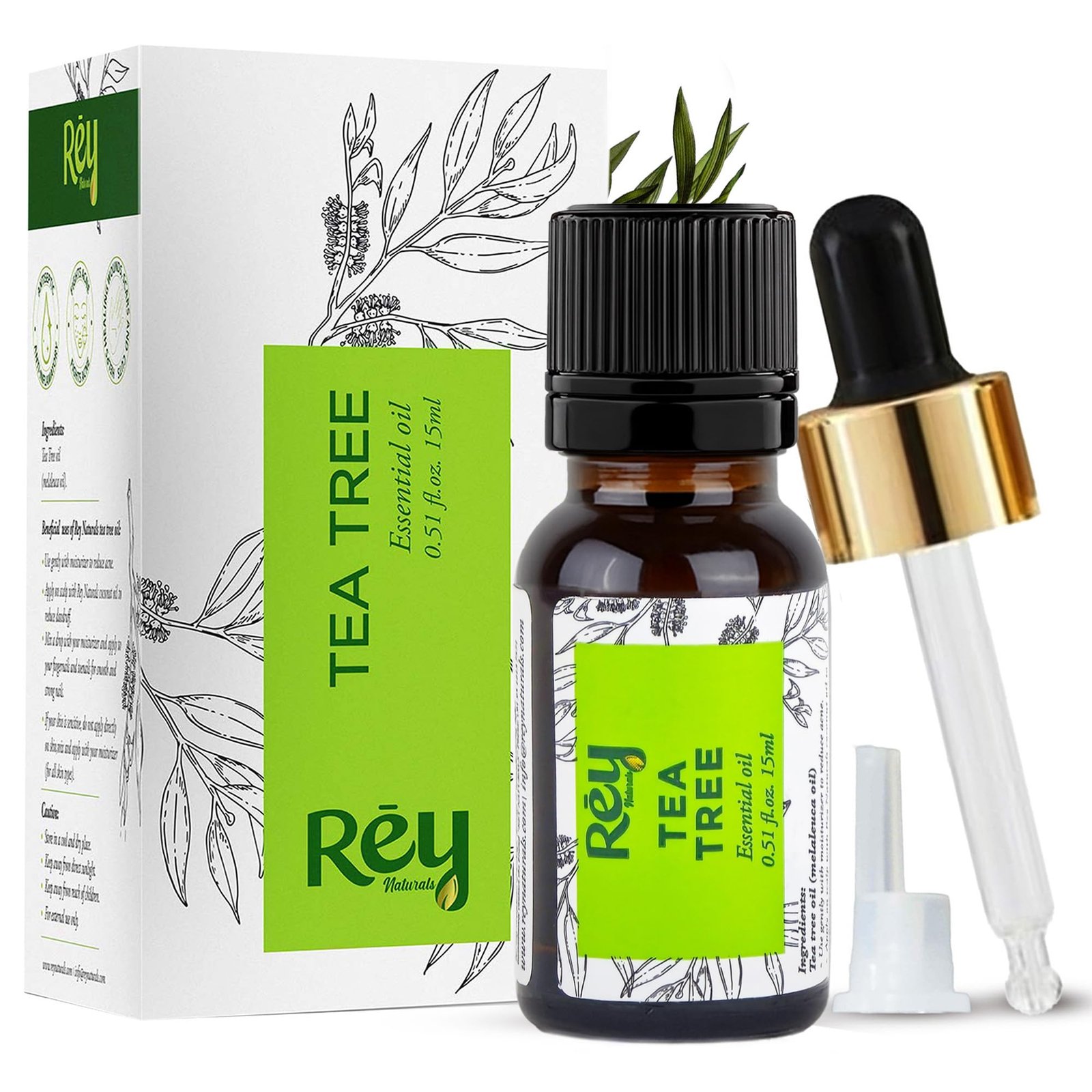 Rey Naturals Tea Tree Essential Oil | 100% Pure & Steam Distilled | For Acne Care, Anti-Dandruff Scalp Treatment & Clear Skin | 15ml | For Men & Women
