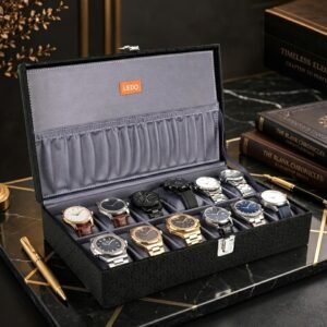 LEDO Men’s and Women’s Watch Box Organizer Case with 12 Slots in Black Color with Gray Velvet
