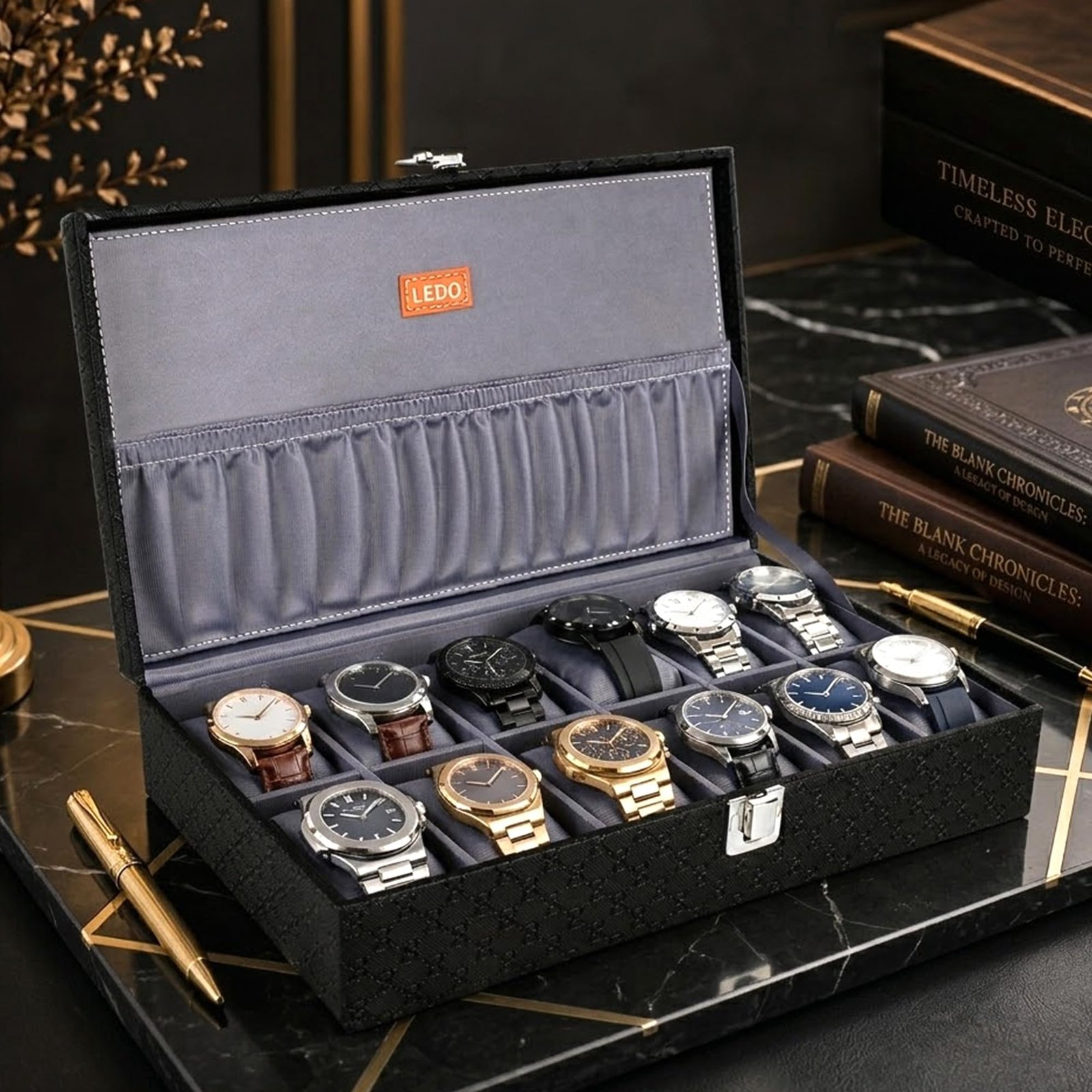 LEDO Men’s and Women’s Watch Box Organizer Case with 12 Slots in Black Color with Gray Velvet
