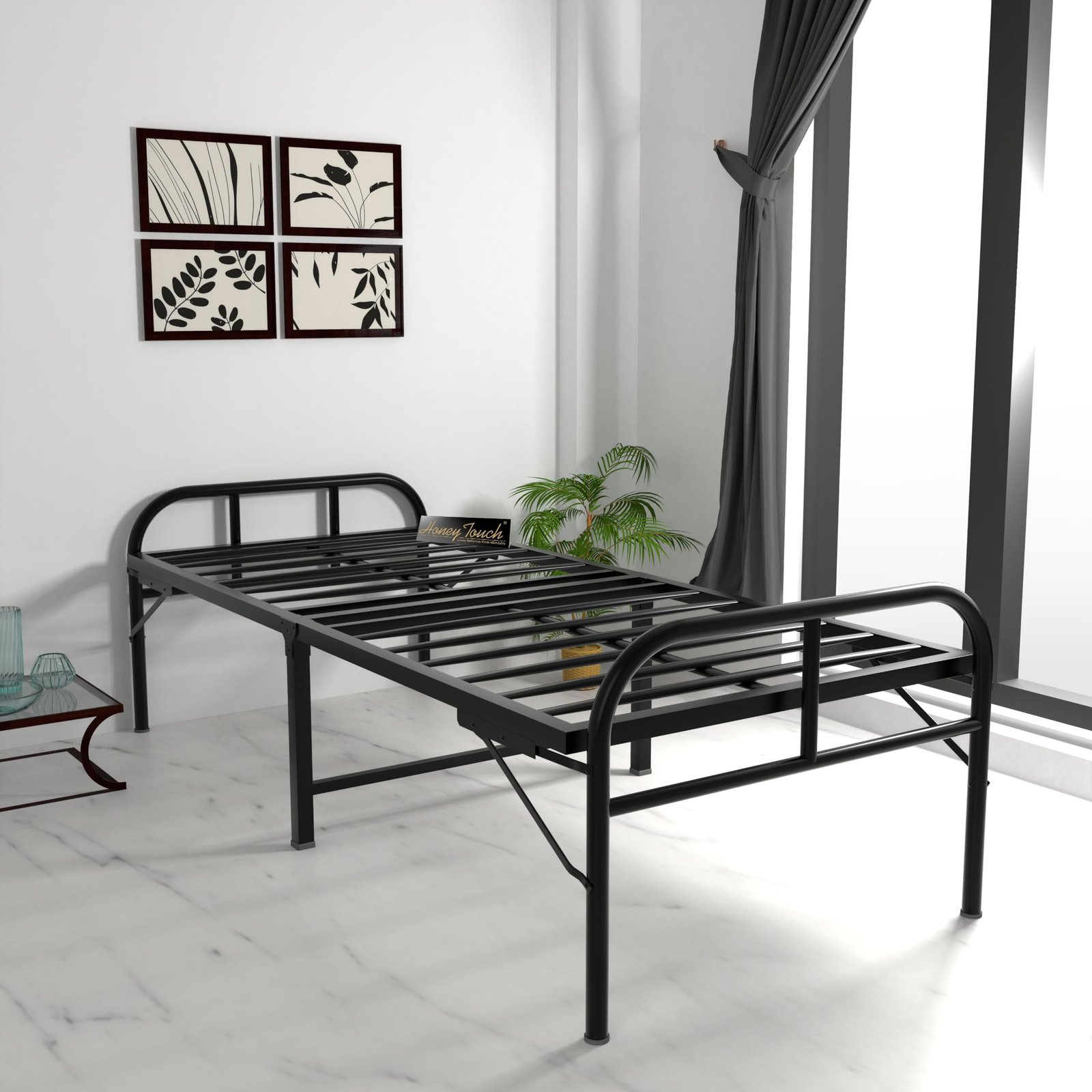 Honey Touch Avon Folding Bed Single Without Mattress | No Assembly Required | Foldable Bed for Sleeping/Guests/Rented Apartments/Bedroom (3ft x 6ft, Black)