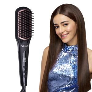 Vega Black Shine Hair Straightener Brush for Women, Straight in Min, Ionic & Thermoprotect Technology, 16 Temperature Settings, Hot Brush Heat Damage Protection for Scalp, Straightening Brush, VHSB-04