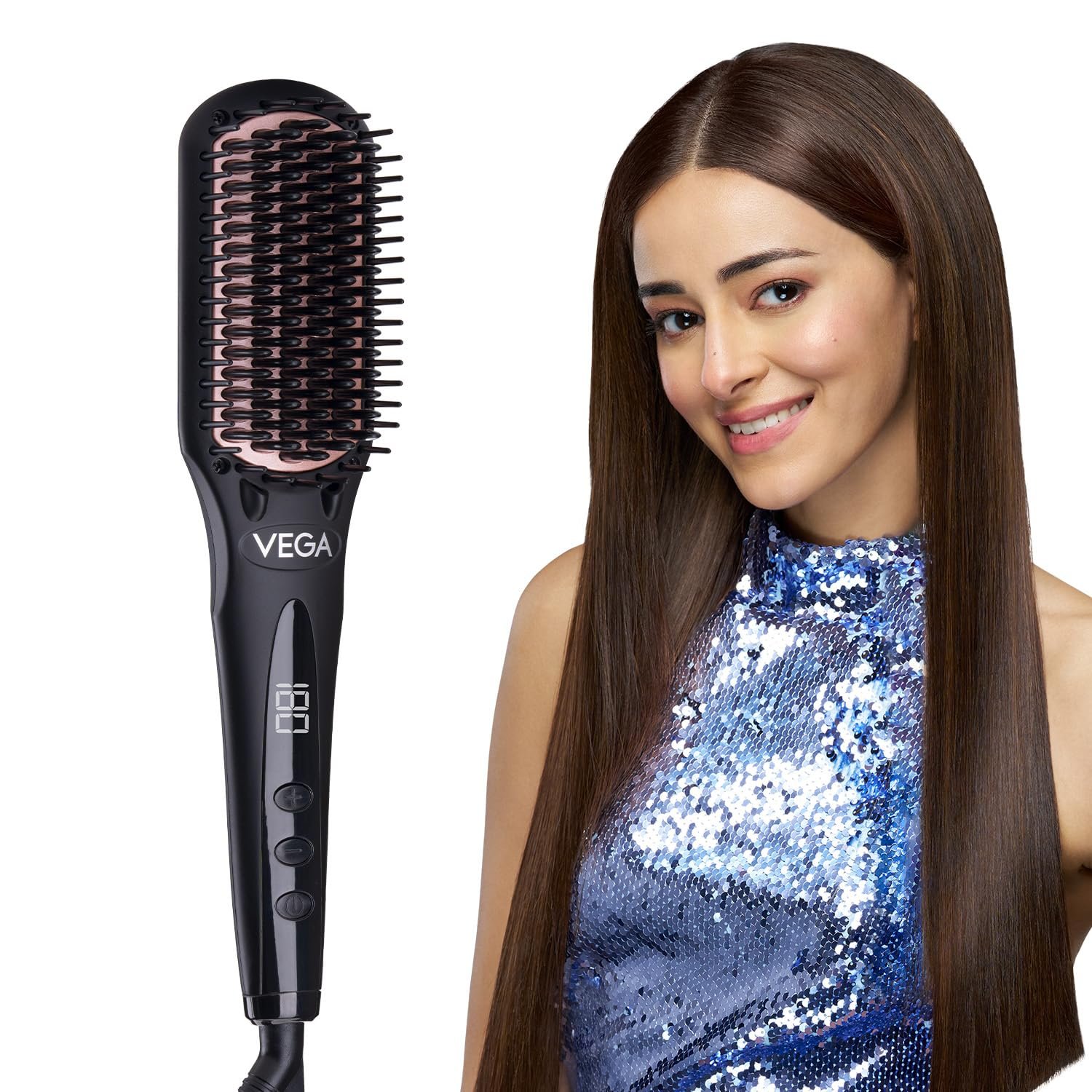Vega Black Shine Hair Straightener Brush for Women, Straight in Min, Ionic & Thermoprotect Technology, 16 Temperature Settings, Hot Brush Heat Damage Protection for Scalp, Straightening Brush, VHSB-04