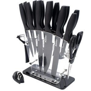 AGARO Grand 17Pcs Kitchen Knife Set, High Carbon Stainless Steel, Professional Chef Knife Set for Kitchen, (13 Knives + Acrylic Stand +Scissors +Peeler & Knife Sharpener), Home & Restaurant Use, Black