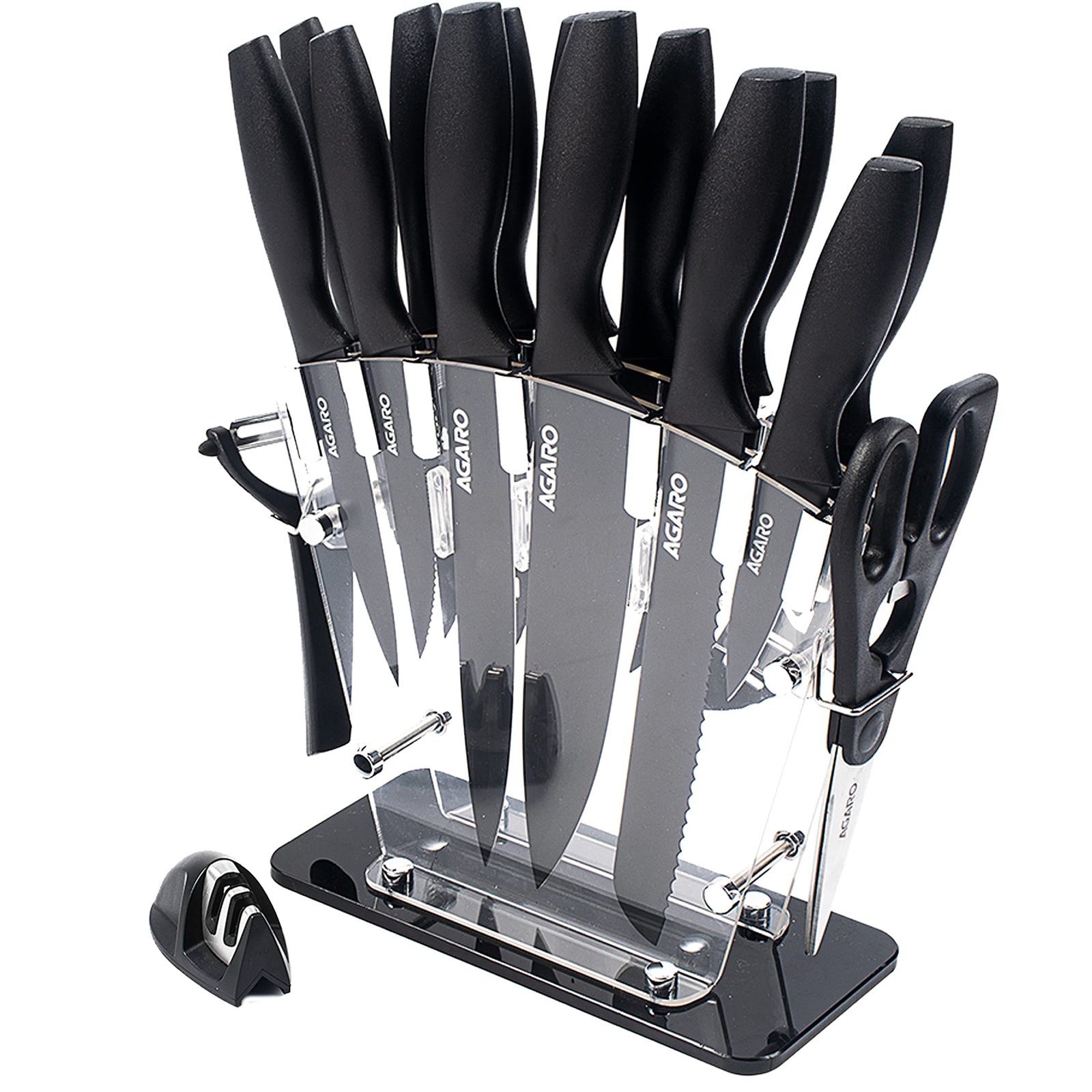 AGARO Grand 17Pcs Kitchen Knife Set, High Carbon Stainless Steel, Professional Chef Knife Set for Kitchen, (13 Knives + Acrylic Stand +Scissors +Peeler & Knife Sharpener), Home & Restaurant Use, Black