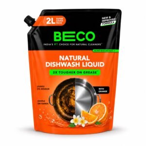 Beco Natural Dishwasher Liquid Refill | 2L Pack | Anti-Bacterial Formula | Orange Citrus Freshness | Ecofriendly Dish Washing Liquid Gel | Tough Grease Removal | Leaves No Residue on Utensils