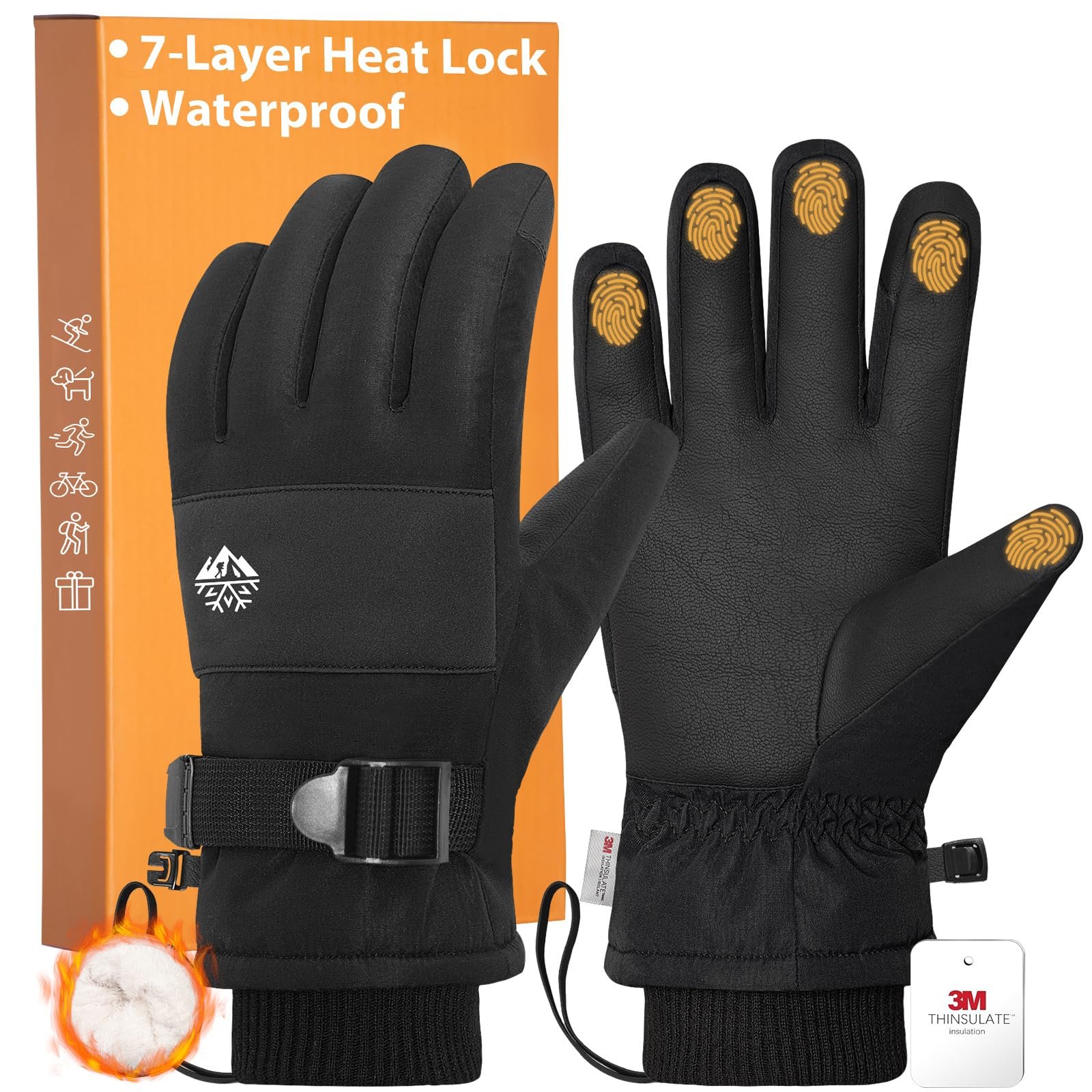 Winter Gloves Men with 3M Thinsulate, Waterproof Snow Gloves, Black-XL