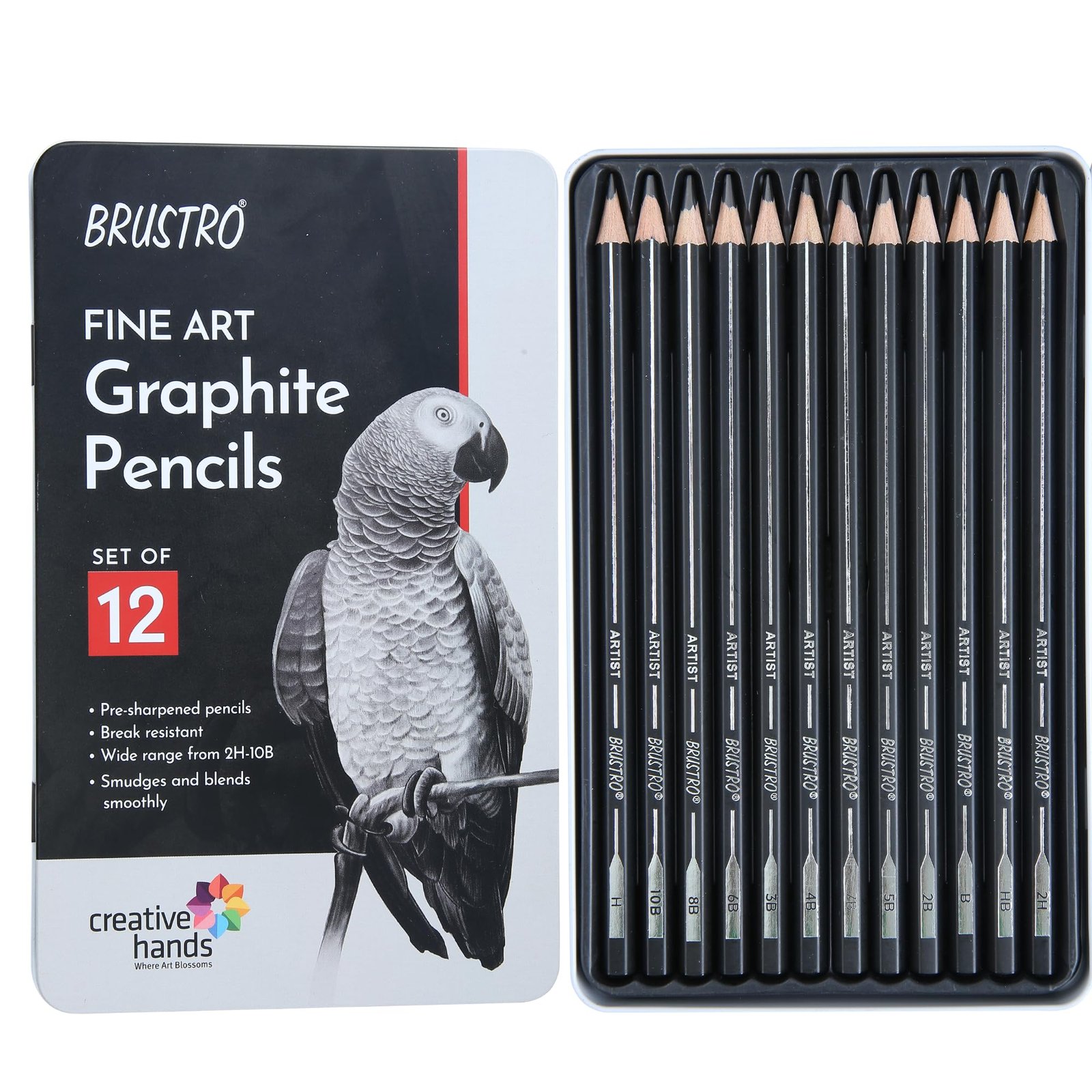 BRUSTRO Artists Fineart Graphite Pencil Set of 12 (10B-2H) with Elegant Tin Box| Pre-Sharpened, Break Resistant, Lightweight, Ideal For Writing, Drawing, Sketching, Illustrations.