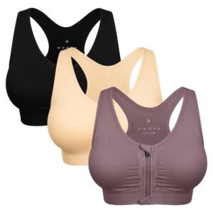 WANAYOU Women’s Zip Front Sports Bra Wireless Post-Surgery Bra Workout Bras