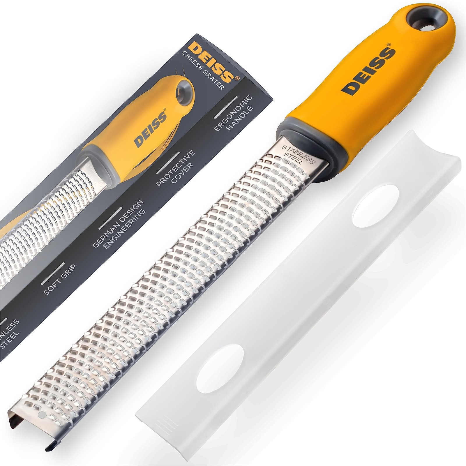 Deiss PRO Citrus Lemon Zester & Cheese Grater – Parmesan Cheese, Lemon, Ginger, Garlic, Nutmeg, Chocolate, Vegetables, Fruits – Razor-Sharp Stainless Steel Blade + Protect Cover – Dishwasher Safe