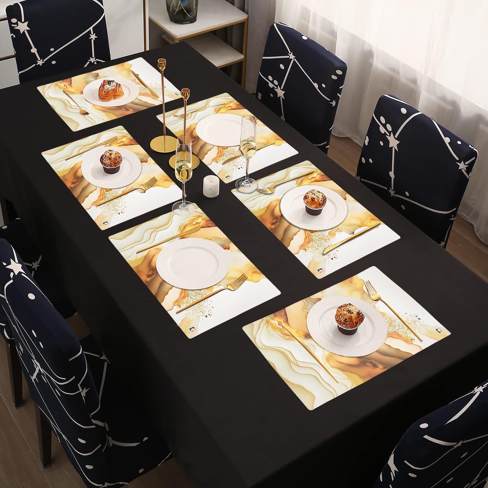 Kuber Industries 6 Pcs Set Wipeable & Reusable PVC Placemats for Dining Table | Food Mats & Dining Table Accessories for Home, Bedroom & Kitchen | Marble Print – Cream & Gold