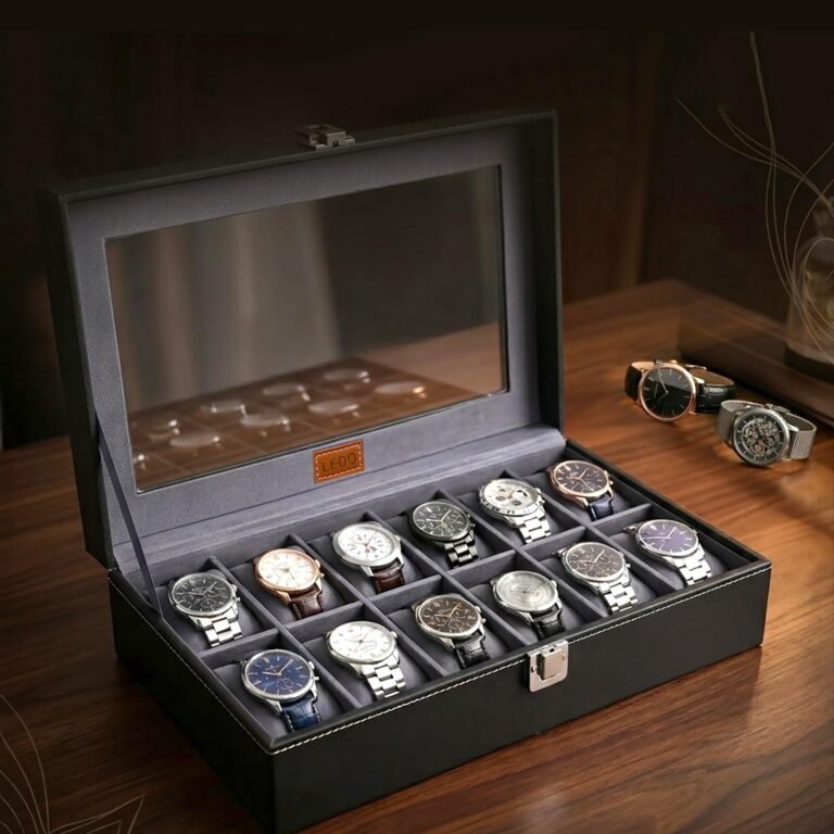 LEDO Men’s and Women’s Watch Box Holder Organizer Case In 12 Slots of watches In PU Leather with Black & Gray