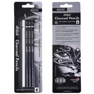 BRUSTRO Artists Charcoal Pencil – Set of 4 (3 Black Shade – Soft, Medium, Hard and 1 White – Medium) | Ideal for Drawing, Shading, Coloring, Sketching, Artwork, Portrait, Landscape, Smooth Blending