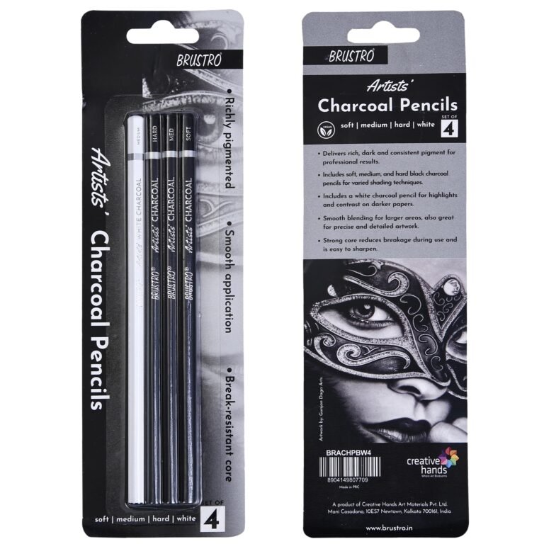 BRUSTRO Artists Charcoal Pencil – Set of 4 (3 Black Shade – Soft, Medium, Hard and 1 White – Medium) | Ideal for Drawing, Shading, Coloring, Sketching, Artwork, Portrait, Landscape, Smooth Blending