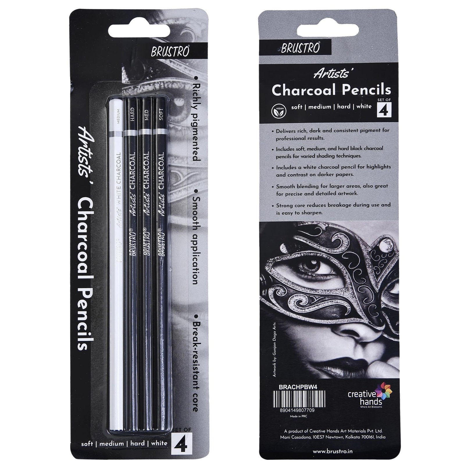 BRUSTRO Artists Charcoal Pencil – Set of 4 (3 Black Shade – Soft, Medium, Hard and 1 White – Medium) | Ideal for Drawing, Shading, Coloring, Sketching, Artwork, Portrait, Landscape, Smooth Blending