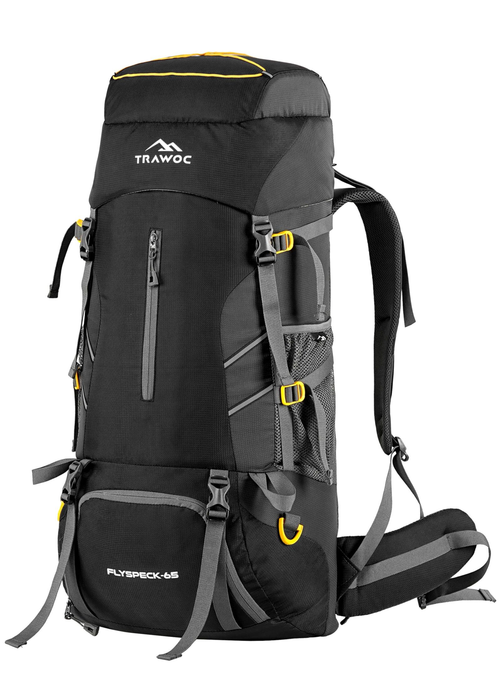 TRAWOC FLYSPECK 65 Liter Hiking Trekking Bag Camping Rucksack Travel Backpack for Men & Women with Shoe Compartment MHK001, 3 Year Warranty, Black