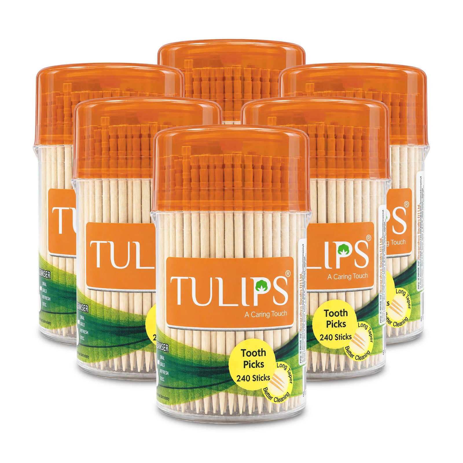 Tulips Wooden Toothpicks 240 Sticks in a Re-Useable Dispenser I Made with Birchwood (Pack of 6)