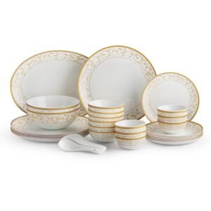 CELLO Royal Amber Gold Divine Series Opalware Dinner Set of 33 Pieces for Family of 6 | Bone-Ash Free & Leadfree Opal Glass Microwave & Dishwasher Safe Crockery Plate Bowl Set for Daily Use & Gifting
