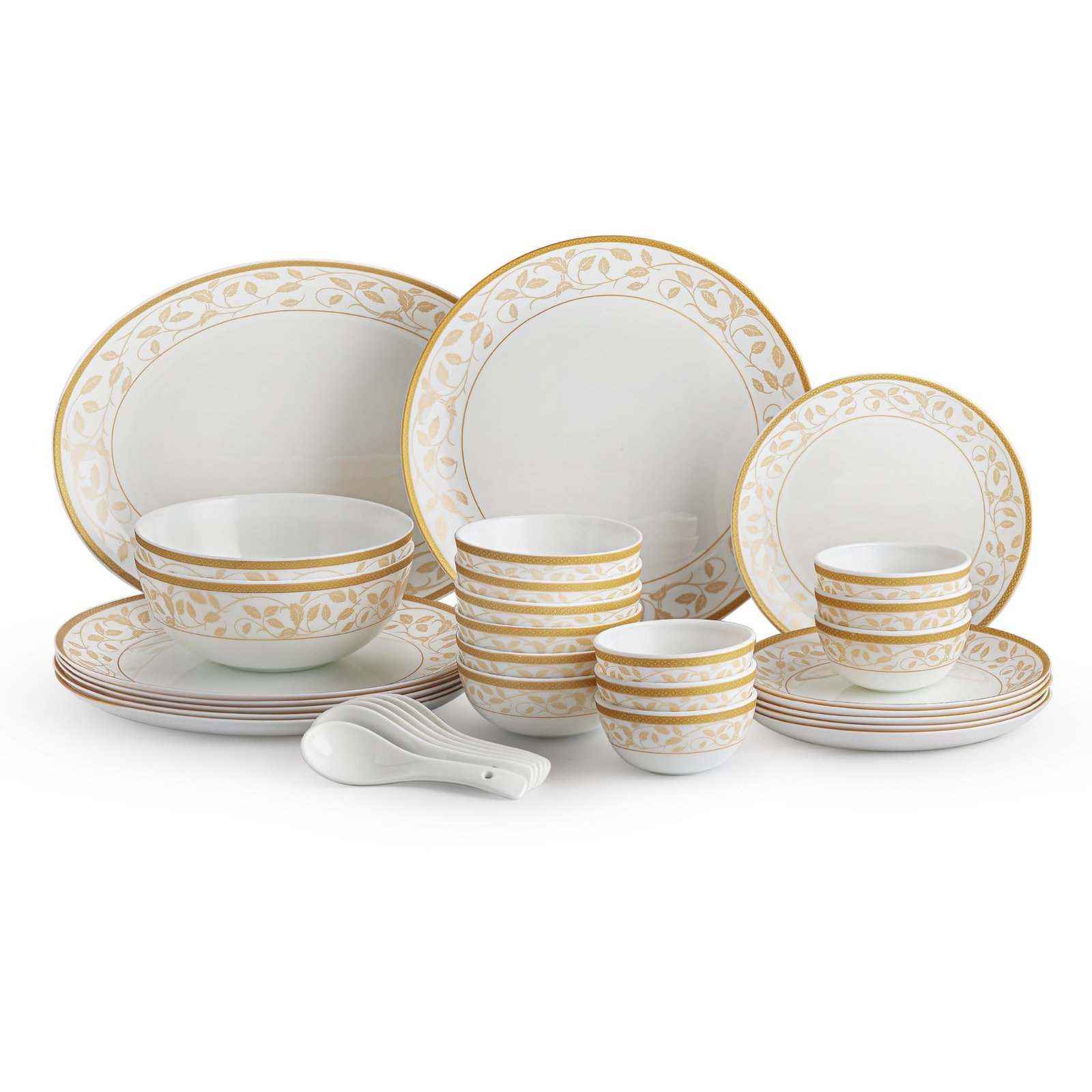 CELLO Royal Amber Gold Divine Series Opalware Dinner Set of 33 Pieces for Family of 6 | Bone-Ash Free & Leadfree Opal Glass Microwave & Dishwasher Safe Crockery Plate Bowl Set for Daily Use & Gifting