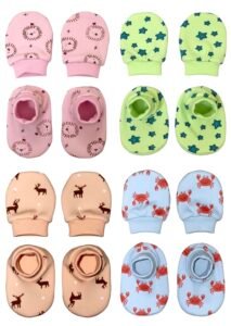MOM’S DARLING Cotton Mittens&Booties For New Born Baby (0-6 Months)-Pack Of 4 Pairs|Cotton Gloves With Gentle Elastic Wristbands&Booties For Baby 0 To 6 Months|New Born Baby Products.,Multicolor