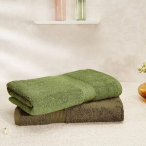 Amazon Brand – Solimo 100% Cotton 2 Piece Bath Towel Set, 500 GSM (Sepia Brown and Olive Green)