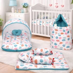 Fareto Combo of Baby Bed with Net | Carry Bag | 4 Pcs Bedding Set (0-6 Months, Baby Size, Cotton) (Pista Sprial)
