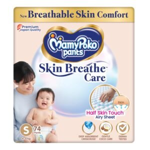 MamyPoko Pants Skin Breathe Care | Baby Diapers Small Size (S) | 74 Count | 4-8Kgs | Half Skin Touch Airy Sheet | 3X Breathable | Derma Tested