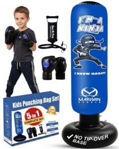 Punching Bag for Kids|3 in 1,Kids 63 Inch Freestanding Ninja Boxing Bag Set incl Double Volume Air Pump & Boxing Gloves|3-10 Year Old Kids Punching Bag with Stand | Inflatable Karate Kid Toys for Boys