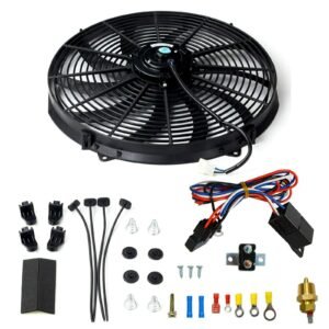 BLACKHORSE-RACING 16″ 16 inch Electric Radiator Fan High 3000 + CFM Thermostat Wiring Switch Relay Kit Black