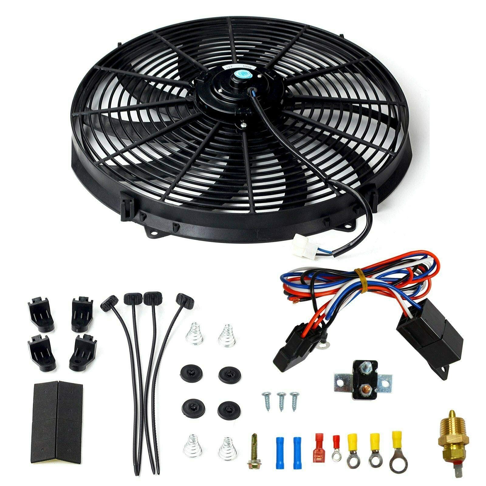 BLACKHORSE-RACING 16″ 16 inch Electric Radiator Fan High 3000 + CFM Thermostat Wiring Switch Relay Kit Black