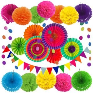 ZERODECO Party Decoration, 21 Pcs Multi-color Hanging Paper Fans, Pom Poms Flowers, Garlands String Polka Dot and Triangle Bunting Flags for Birthday Parties, Wedding Decor, Fiesta or Mexican Party