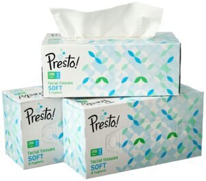 Amazon Brand – Presto! 2 Ply Facial Tissue Box | 600 Pulls | 200 Pulls X 3 Cartons | Highly Absorbent | 100% Natural Virgin Cellulose Fiber