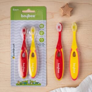 BAYBEE Ultra Soft Baby Toothbrush Set, Bpa Free Training Toothbrush With Soft Bristles & Easy Grip | Infant Brush For 6+ Months (Red/Yellow), Manual