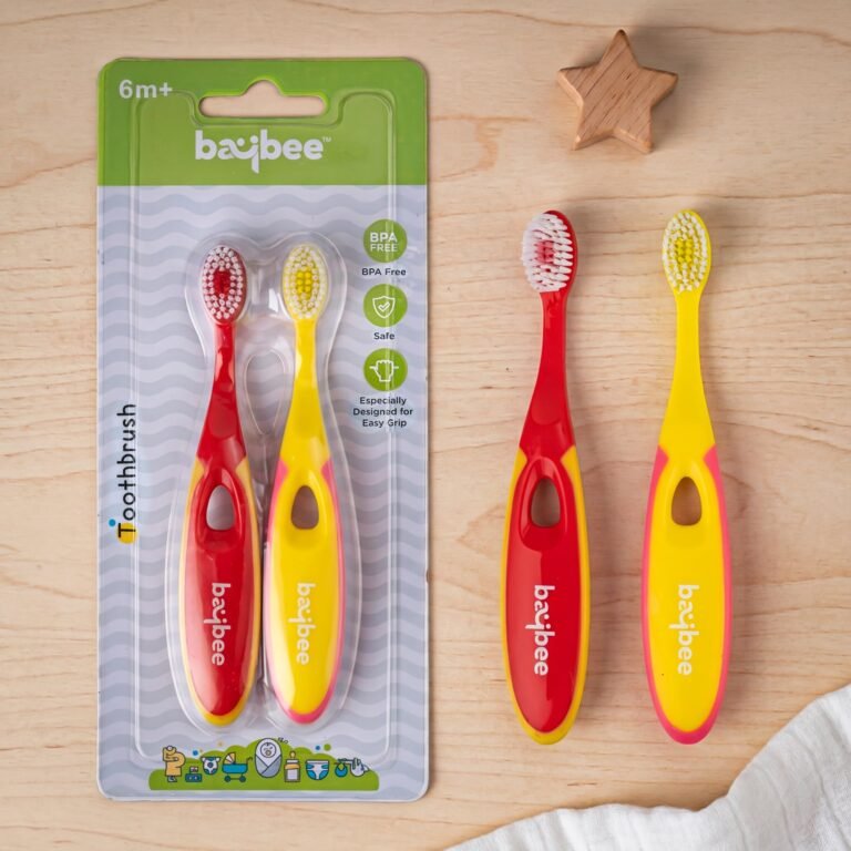 BAYBEE Ultra Soft Baby Toothbrush Set, Bpa Free Training Toothbrush With Soft Bristles & Easy Grip | Infant Brush For 6+ Months (Red/Yellow), Manual