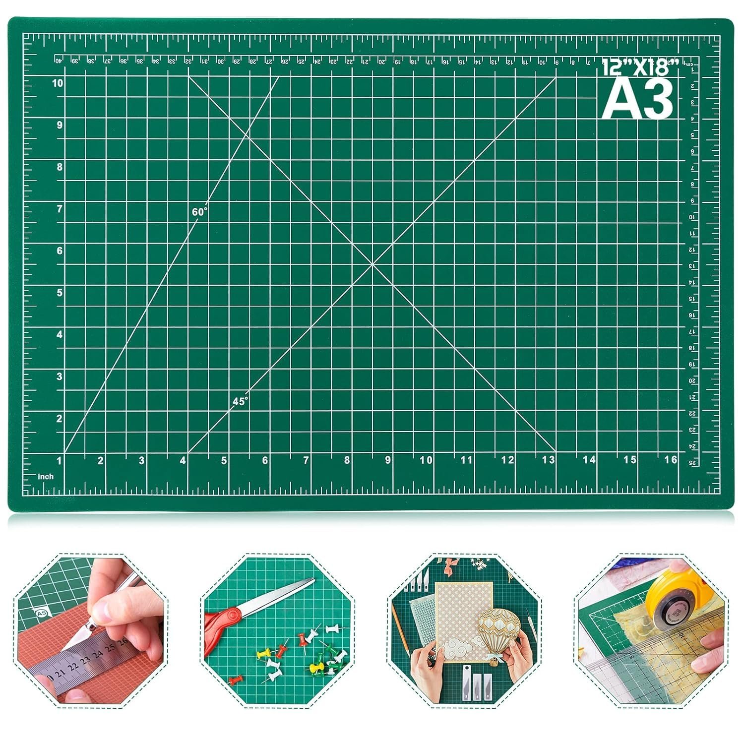 HOME BUY Rubber Professional Cutting Mat A3 Self-Healing 5 Layers Double Sided Durable Non-Slip PVC 18″ X 12″ Inch (Green)