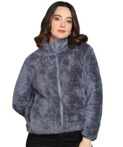 Alan Jones Clothing Women’s Fluffy Yarn Fleece Full-Zip Jacket | Soft Lightweight Warm Outerwear with Stand Collar & Piping at Hem & Cuffs