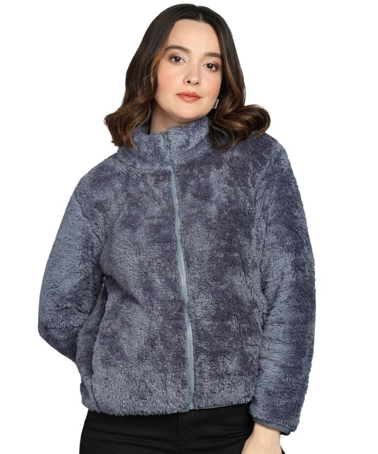 Alan Jones Clothing Women’s Fluffy Yarn Fleece Full-Zip Jacket | Soft Lightweight Warm Outerwear with Stand Collar & Piping at Hem & Cuffs