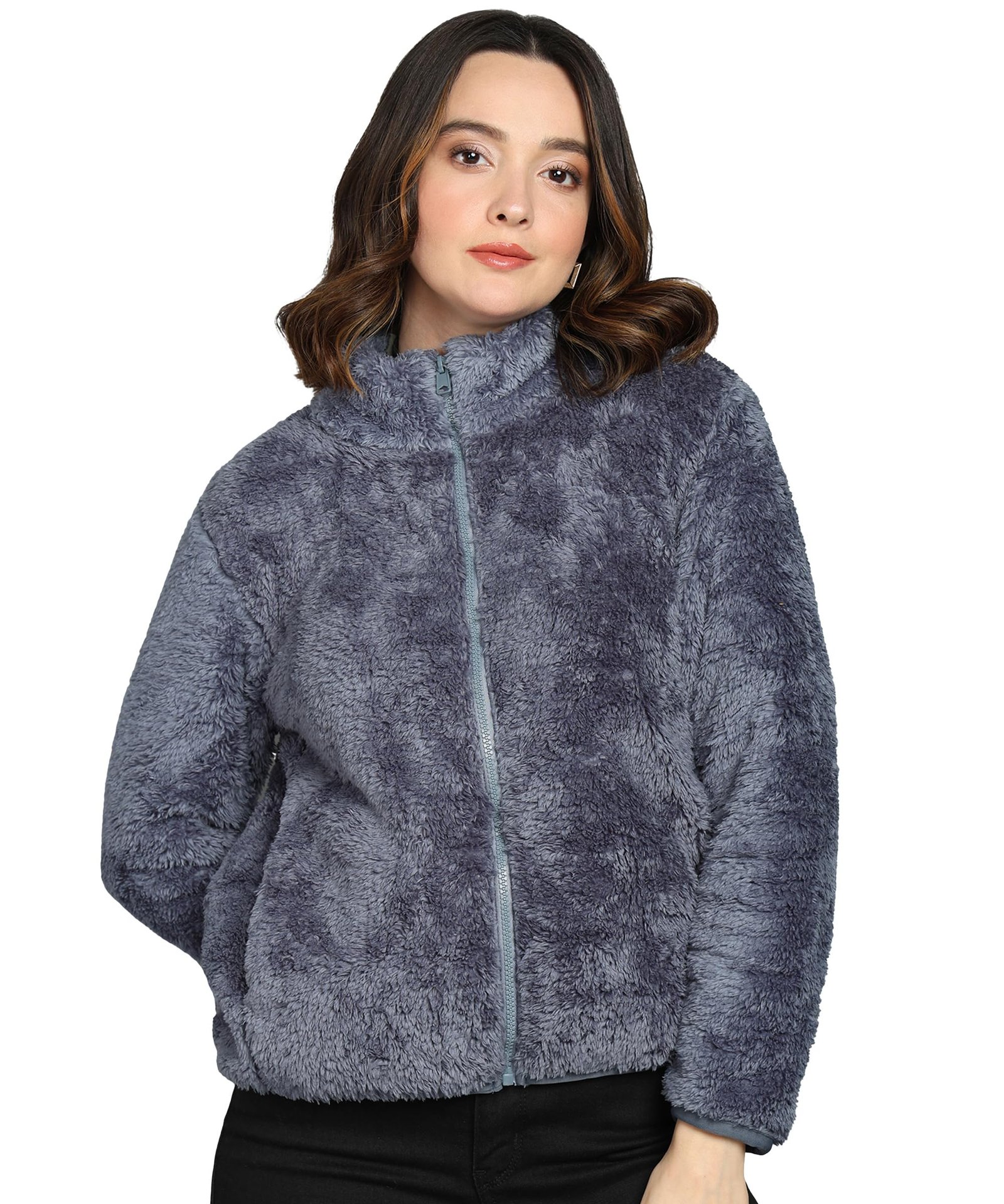 Alan Jones Clothing Women’s Fluffy Yarn Fleece Full-Zip Jacket | Soft Lightweight Warm Outerwear with Stand Collar & Piping at Hem & Cuffs