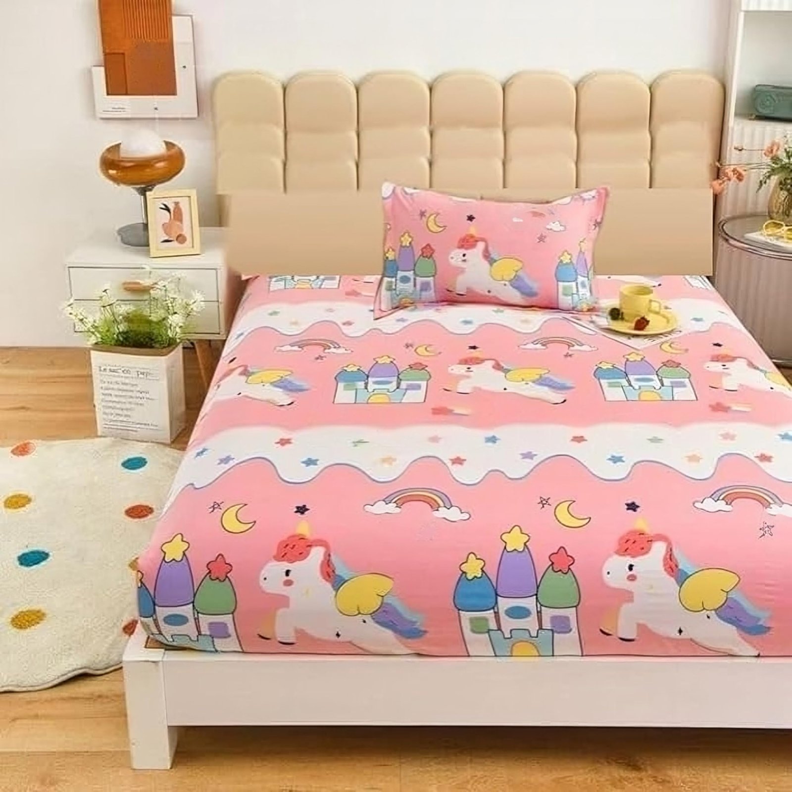 Filymore Kids Star Unicorn Single Bedsheet Set – Microfiber240 TC (90×60 inches) with Pillow Cover (17X27 inches) – Peach and White