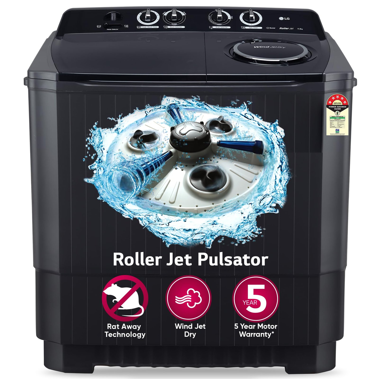 LG 11 Kg 5 Star Wind Jet Dry Rat Away Technology Semi-Automatic Top Loading Washing Machine (P1155SKAZ, Roller Jet Pulsator, Punch + 3, Middle Black)