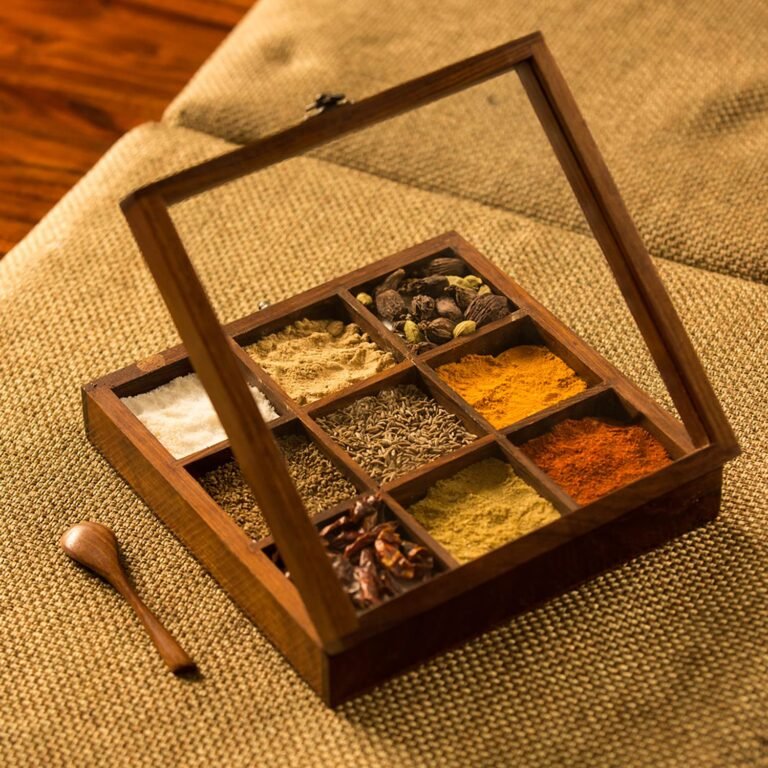 ExclusiveLane Sheesham Wooden Spice Box for Kitchen with Spoon (Non Removable Partitions, 50 ml, Brown) |Wooden Masala Box for Kitchen Dabba Dani Masala Container Spice Box Wooden Namak Masala Dani