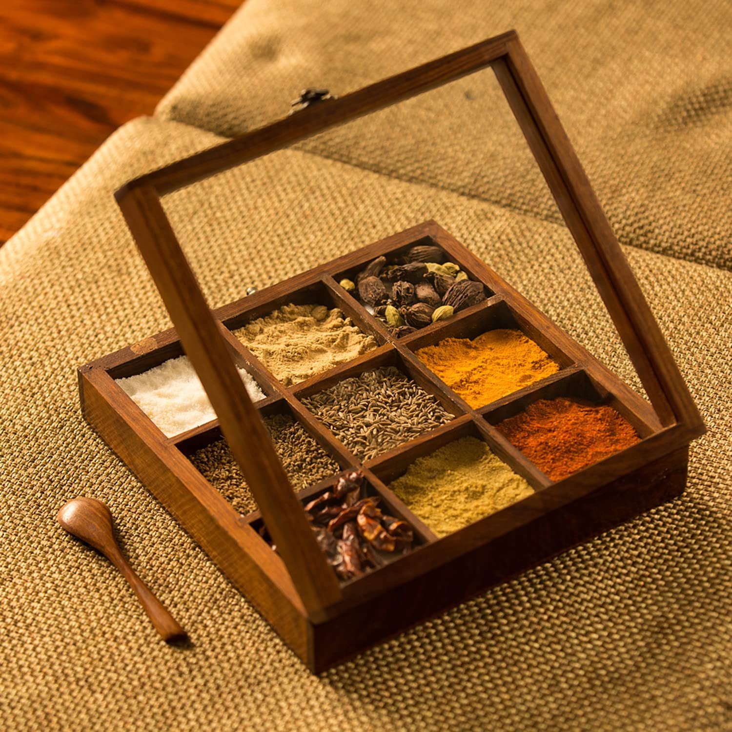 ExclusiveLane Sheesham Wooden Spice Box for Kitchen with Spoon (Non Removable Partitions, 50 ml, Brown) |Wooden Masala Box for Kitchen Dabba Dani Masala Container Spice Box Wooden Namak Masala Dani