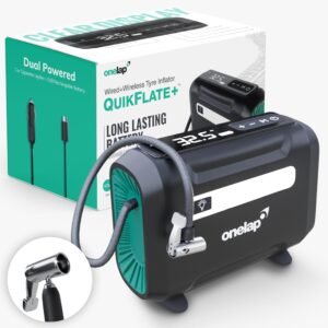 Onelap Quikflate Plus™ – Wired + Wireless (Real 7800 mAh Battery) SuperFast Digital Tyre Inflator with inbuilt Pressure Gauge for Cars, SUV, Bikes, Cycle, Balls, Balloons