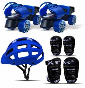jaspo Unisex Marshal Trainers Adjustable Inline_Skate_Wheel Roller Skates Combo (Skates + Helmet + Knee Guards & Elbow Guards) – for Age Groups 6 to 14 Years | Academy & School Level Skating, Blue