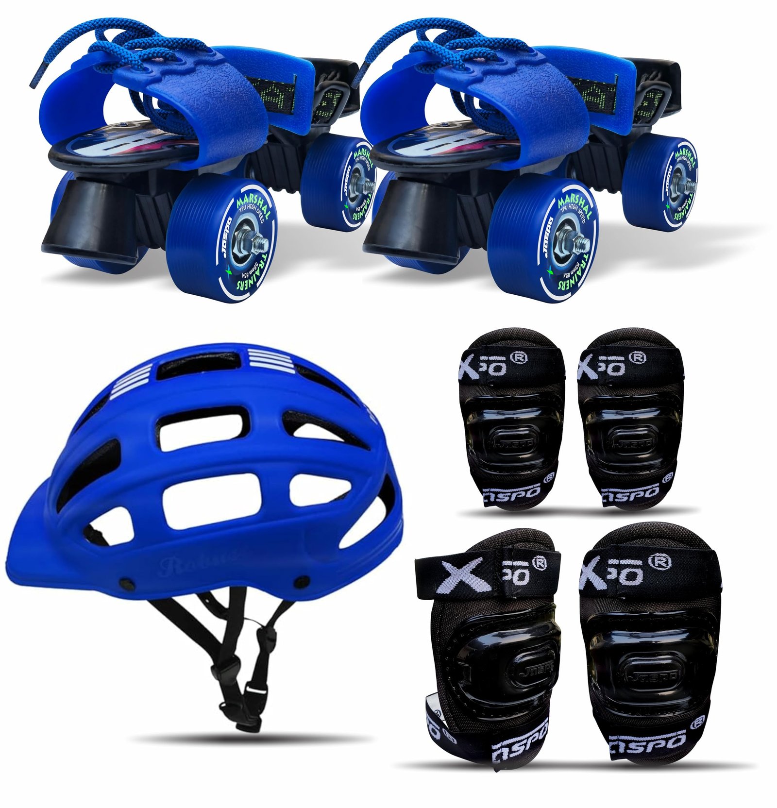 jaspo Unisex Marshal Trainers Adjustable Inline_Skate_Wheel Roller Skates Combo (Skates + Helmet + Knee Guards & Elbow Guards) – for Age Groups 6 to 14 Years | Academy & School Level Skating, Blue