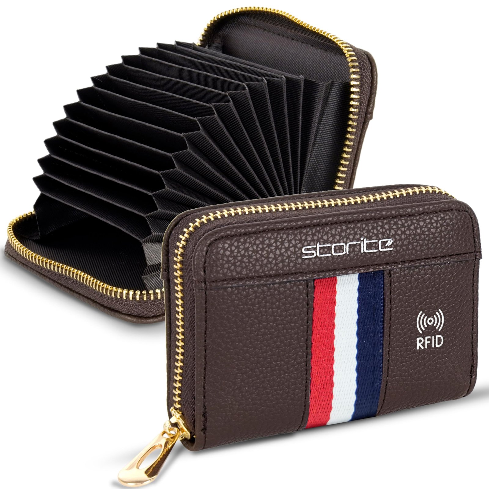 Storite PU Leather 12 Slots RFID Card Holder Wallet, Brown – Tricolor Strip