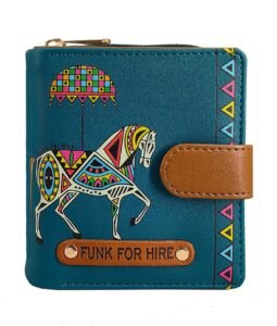 Funk For Hire Women’s Compact Wallet in Petrol Blue – Stylish Cartoon Print Leatherette Purse with Card Slots, Coin Pocket & Magnetic Closure – Handcrafted in India