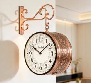 CRAFTEL Vintage Double Sided Station Wall Clock for Hall | Ethnic English Numerals Aluminum Dial | 8 Inches, Rose Gold | Gift for Housewarming, Designer Clock for Living Room | 365 Days Warranty