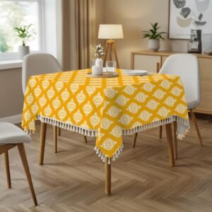Urban Space 100% Cotton Square Dining Table Cover, Printed Anti Skid Table Cloth for Dining/Center Table, for Upto 4.5 ft x 4.5 ft Table (Square – 48″ x 48″, Motif Mustard)